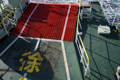 A seagull perched beside a red ferry ramp and yellow railings