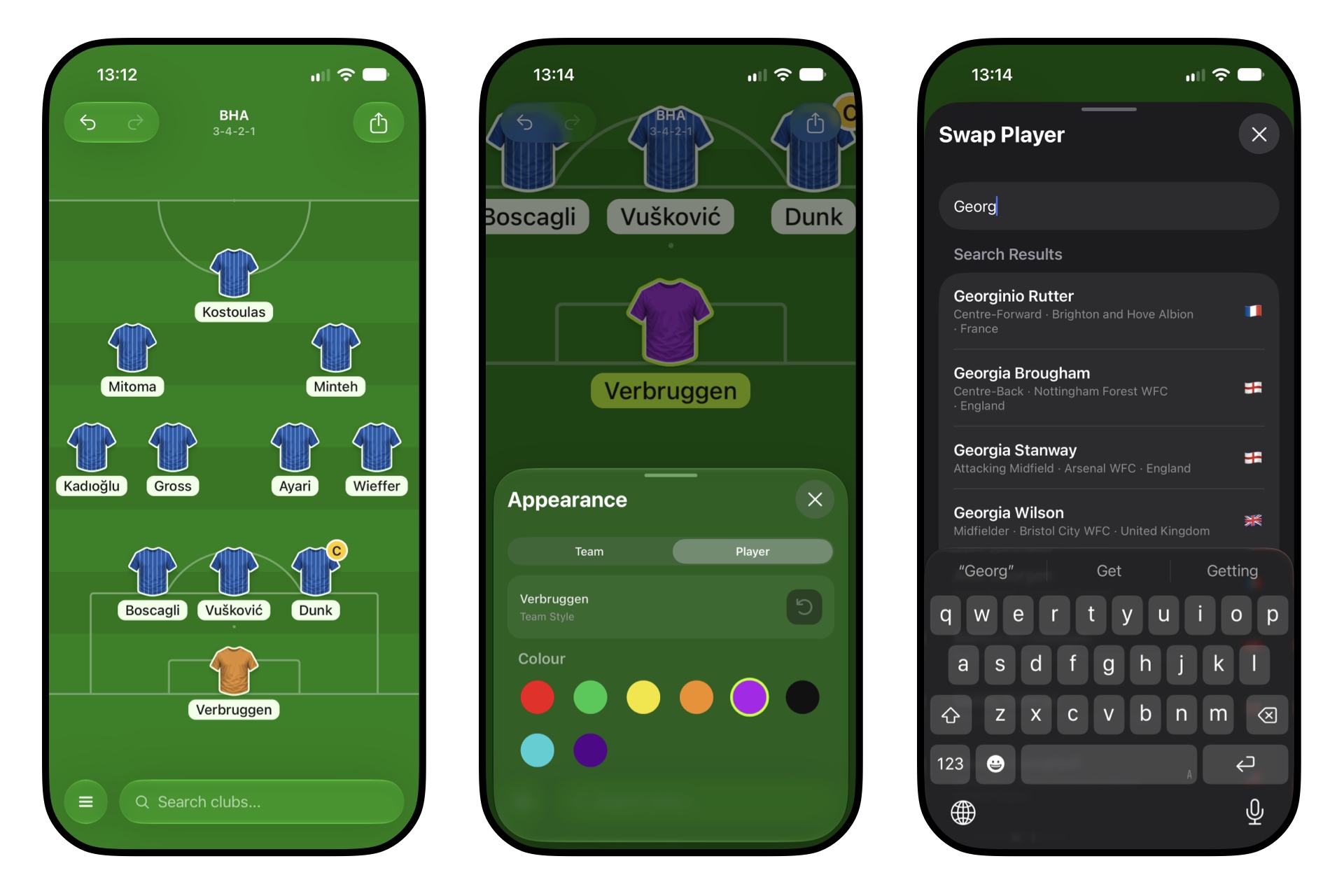 Squadra on iPhone: football lineup builder and customisation screens