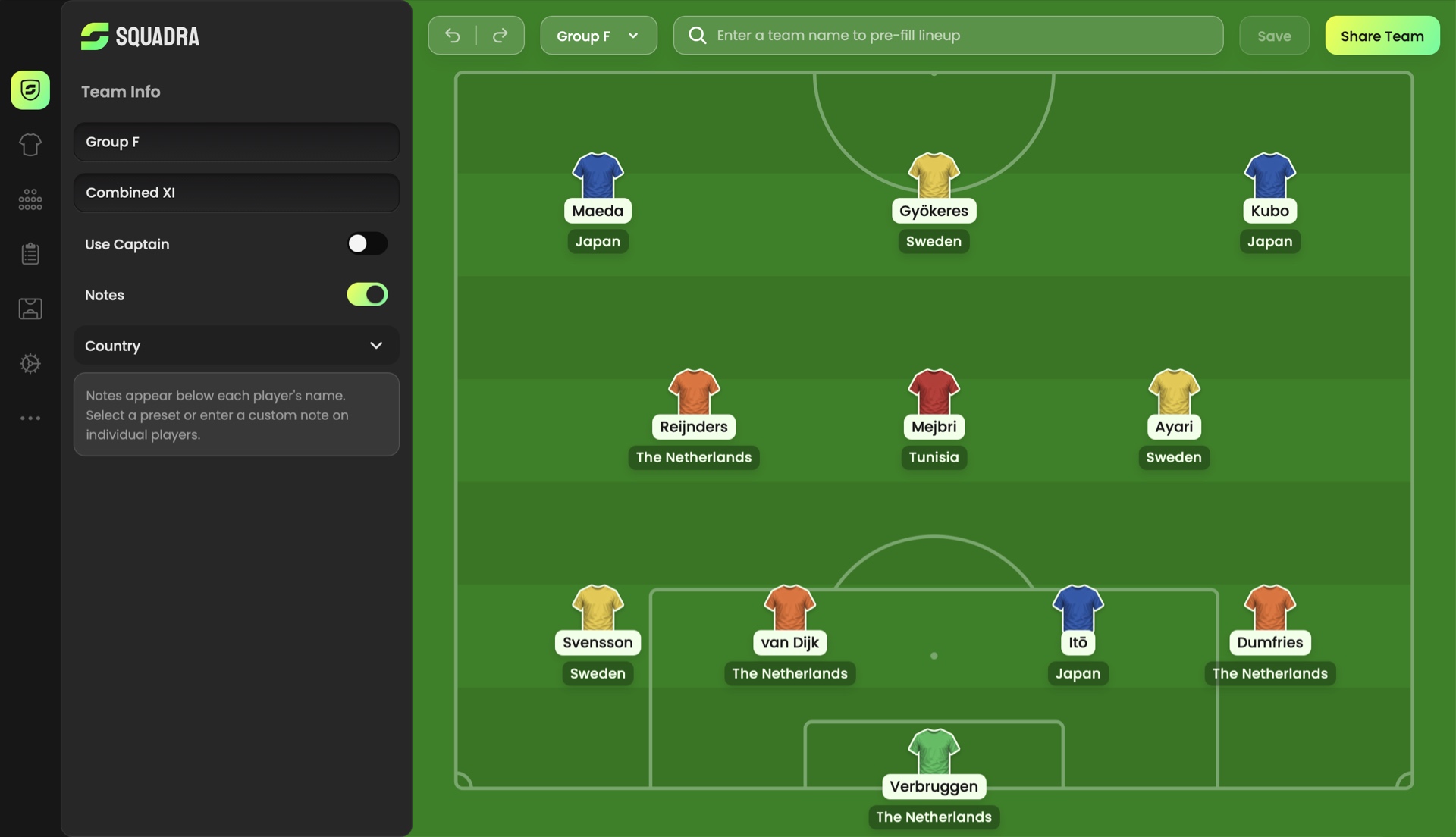 Squadra’s desktop web interface with its football lineup builder