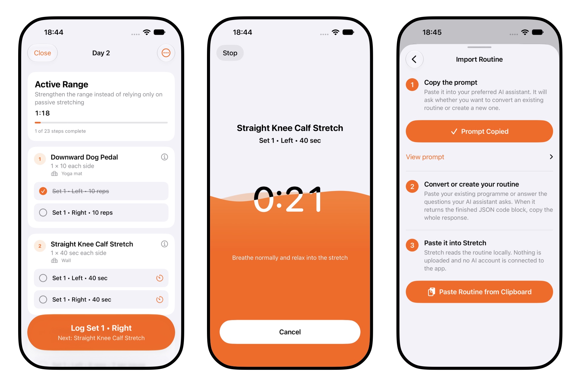 Stretch on iPhone: exercise routine, timed stretch and routine import screens